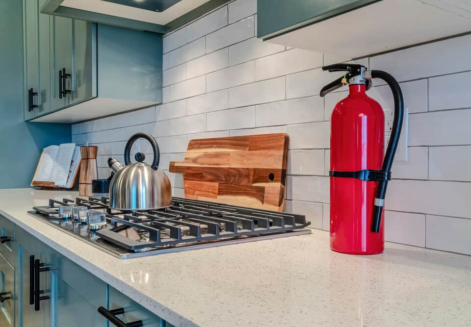 small fire extinguisher on kitchen countertop