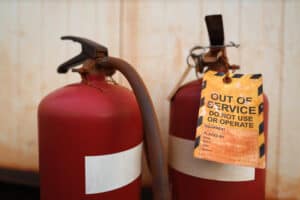 fire extinguisher with out of service tag.