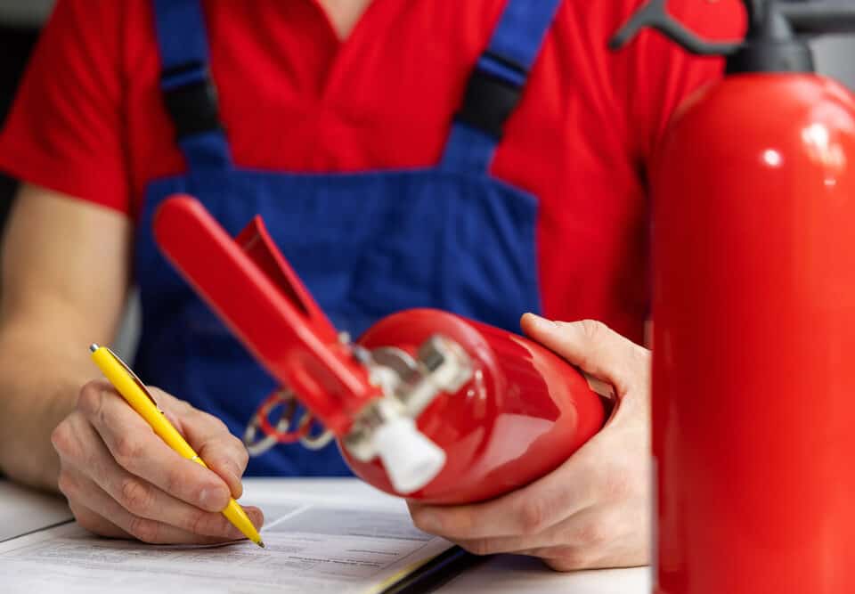 Fire safety equipment maintenance with a service engineer checking extinguisher conditions ensures reliable protection and compliance in Long Island, NY.